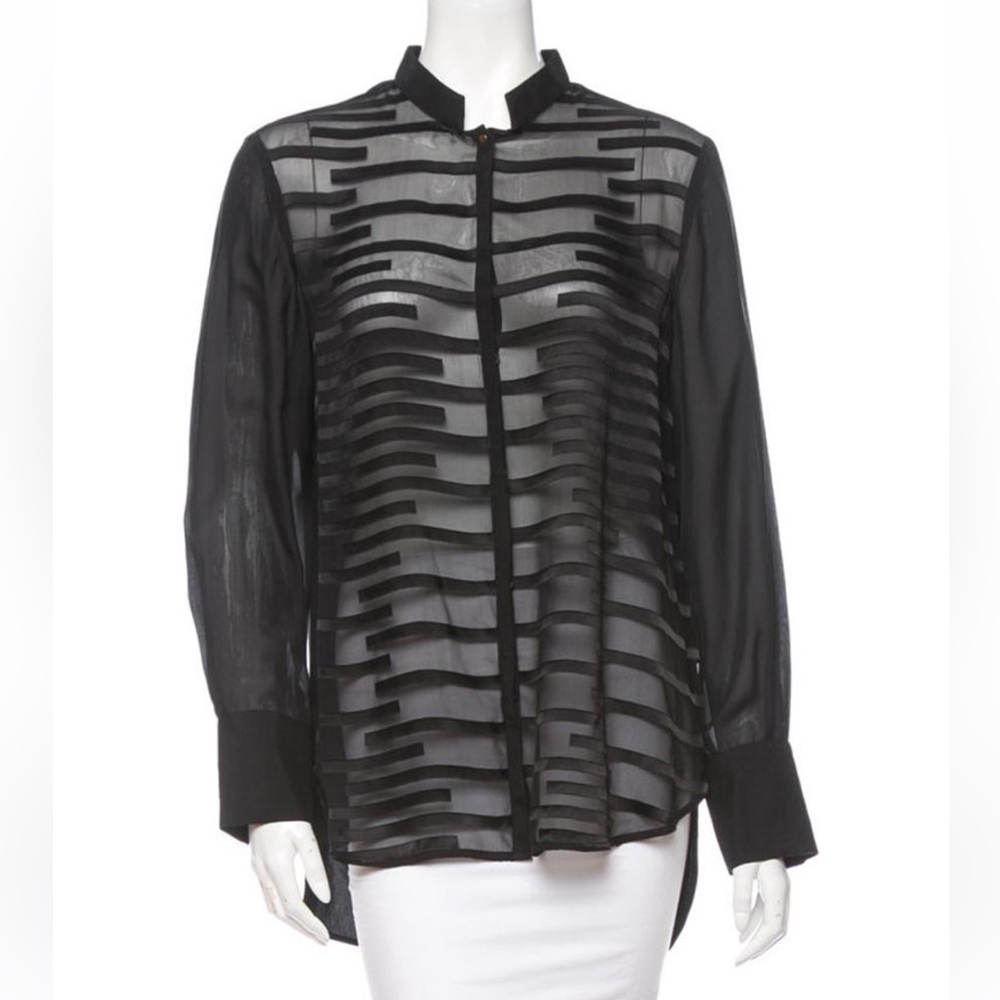 Priory of Ten Blouse - Black - Sheer Front with Pattern - Button Down - Size 6